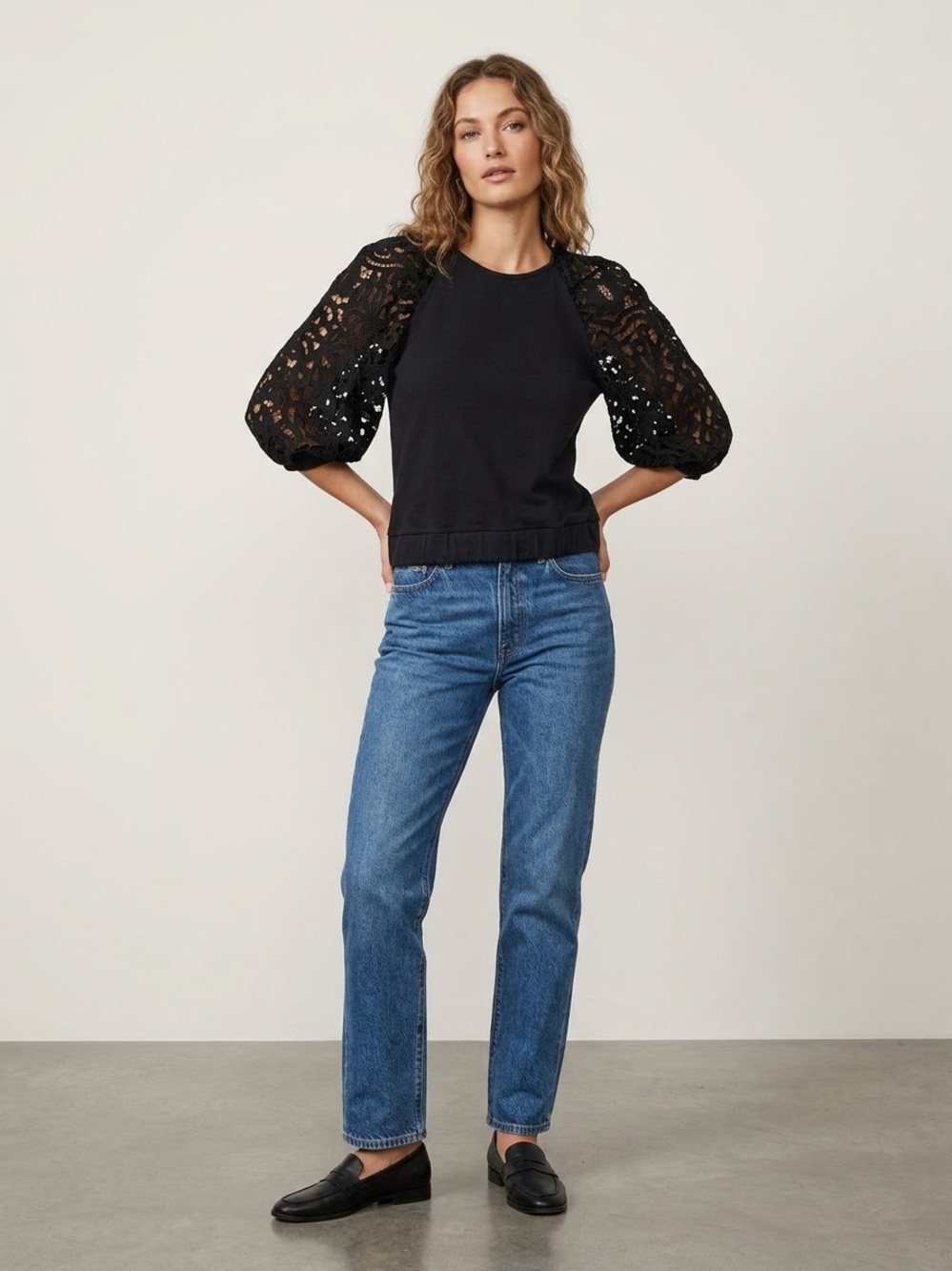Dolan Left Coast Collection Lace Puff Sleeve Top XS Black
